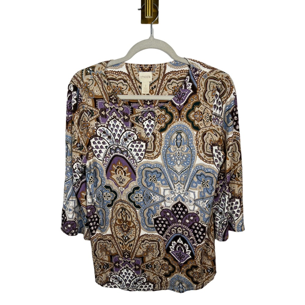 Chico's Paisley Artsy Top Fancy Filigree Keyhole Boho Medallion Eclectic Medium